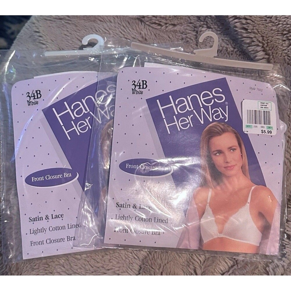 Vintage 1990 Hanes Her Way Satin & Lace Front Closure Bra Lot of 2 34B White NOS